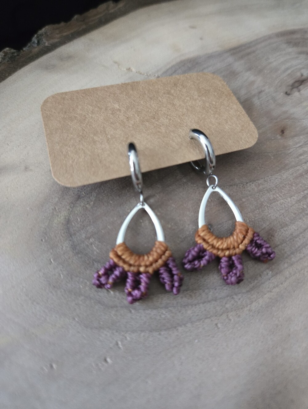 062 New Handmade micro-macramé earrings - stainless steel huggies